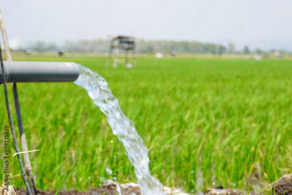 Fototapeta premium Irrigation of rice fields using pump wells with the technique of pumping water from the ground to flow into the rice fields. The pumping station where water is pumped from a irrigation canal. Pvc pipe