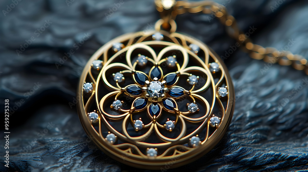 Gold Pendant with Blue Sapphires and Diamonds - Illustration Gold Pendant with Blue Sapphires and Diamonds - Illustration