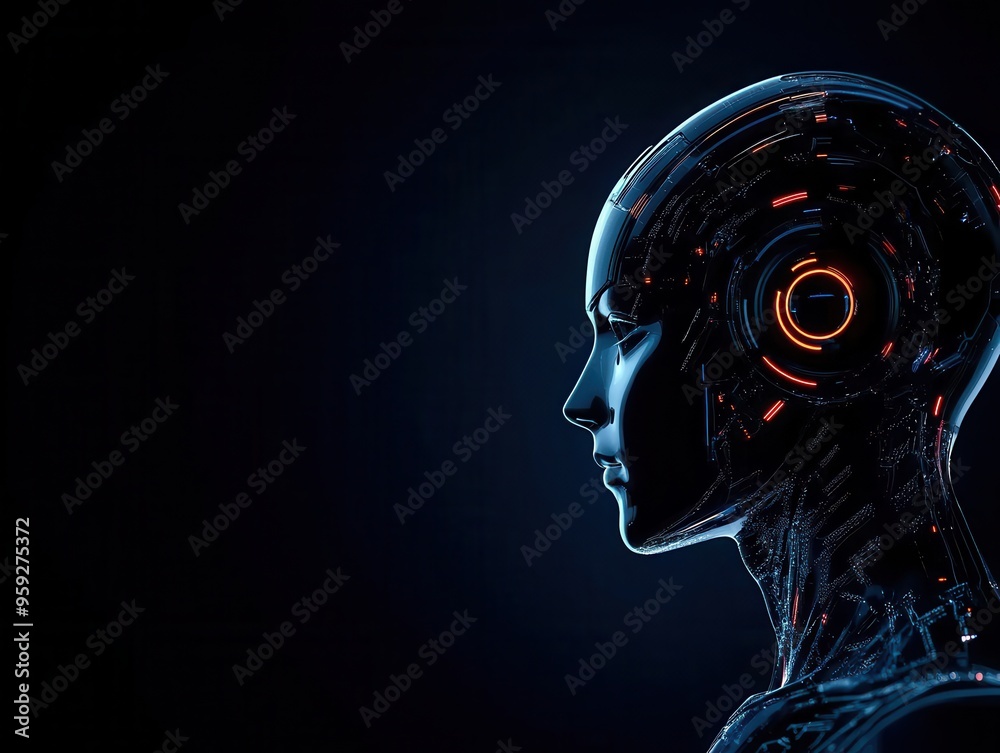 A futuristic robotic profile illuminated by vibrant glowing circuits against a dark backdrop, showcasing advanced technology. A futuristic robotic profile illuminated by vibrant glowing circuits against a dark backdrop, showcasing advanced technology.