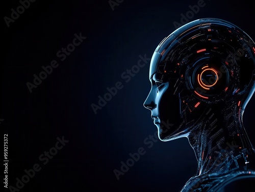 A futuristic robotic profile illuminated by vibrant glowing circuits against a dark backdrop, showcasing advanced technology.