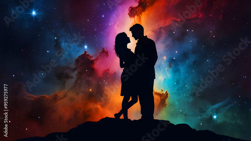 Spiritual representation of the silhouette of a couple of man and woman on a nebula background. Generative Ai illustration.