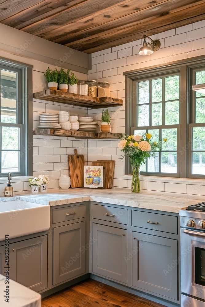 Rustic Farmhouse Kitchen with Gray-Stained Cabinets and White Marble Countertops Rustic Farmhouse Kitchen with Gray-Stained Cabinets and White Marble Countertops