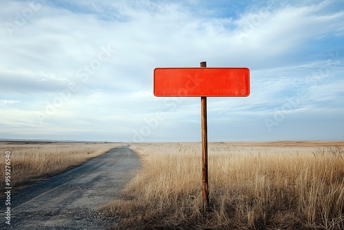 Blank Red Sign Beside a Dirt Road in a Field