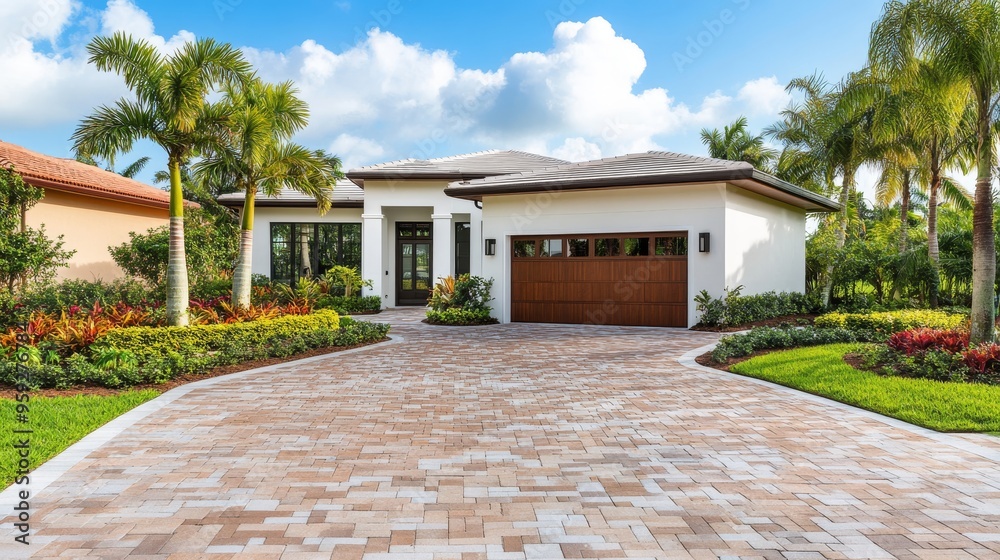 This stunning Miami home features an elegant brick driveway, lush landscaping, swaying palm trees, and a spacious garage, making it ideal for luxurious living and stylish entertaining This stunning Miami home features an elegant brick driveway, lush landscaping, swaying palm trees, and a spacious garage, making it ideal for luxurious living and stylish entertaining