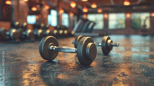 Closeup of a Dumbbell on a Gym Floor photo