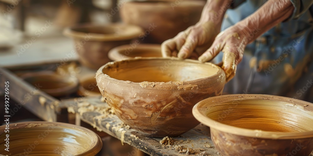 Ceramic Bowls Crafted by Hand in Pottery Studio Prior to Firing Ceramic Bowls Crafted by Hand in Pottery Studio Prior to Firing