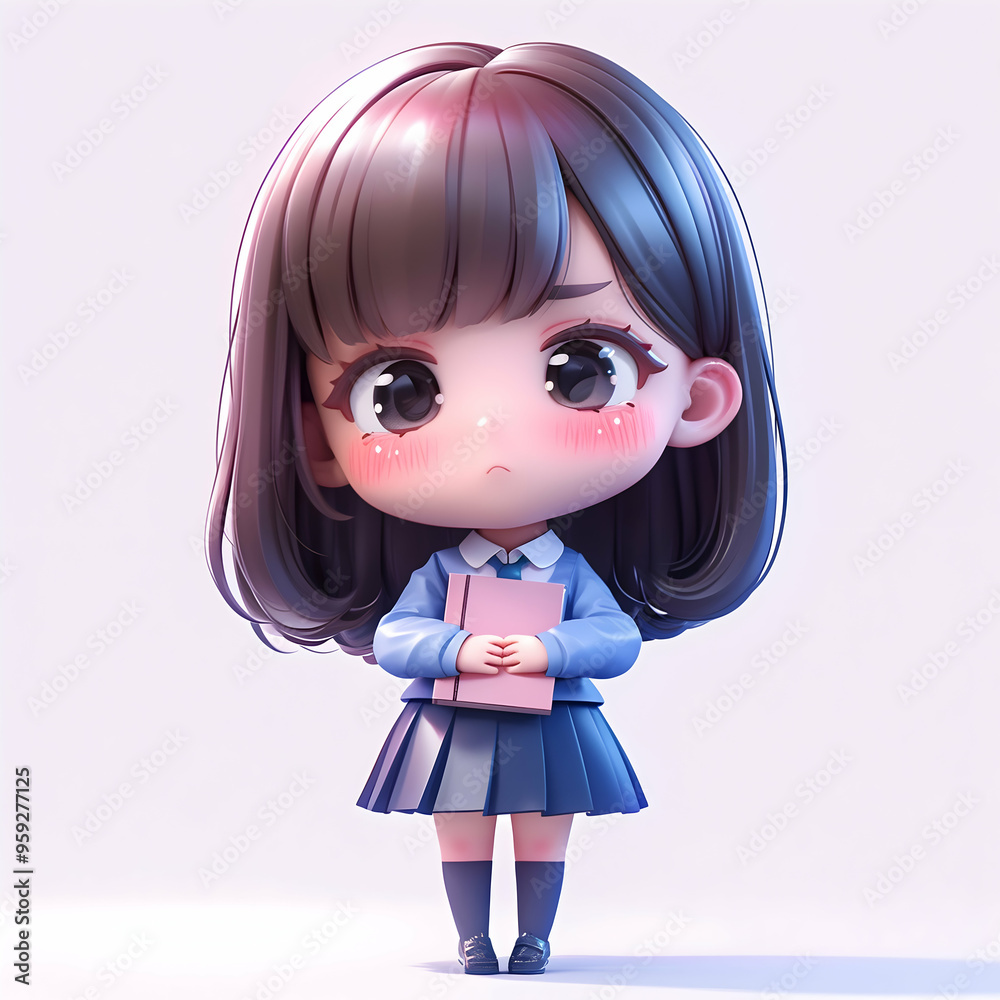 Cute anime girl with long brown hair and big eyes holding a book. Cute anime girl with long brown hair and big eyes holding a book.