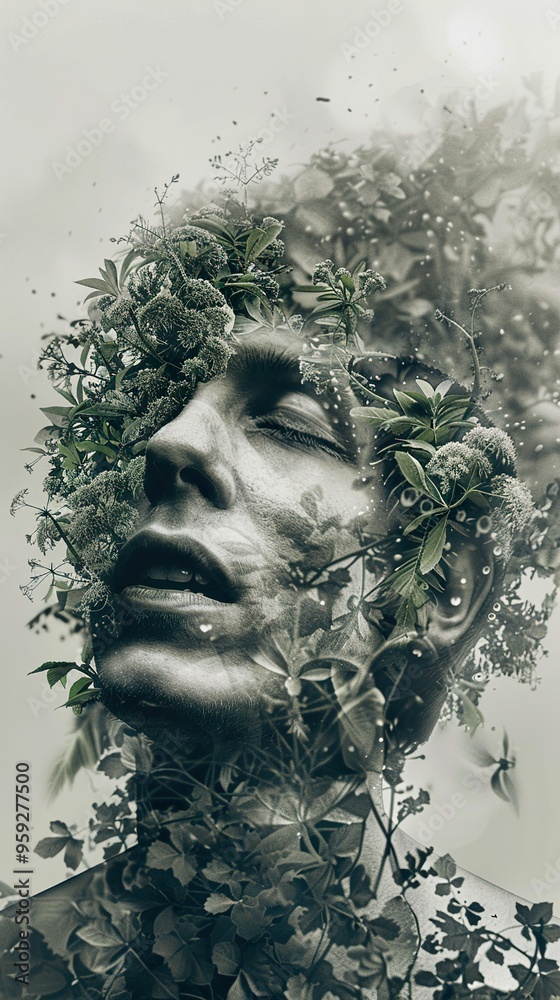 A man's face is covered in lush greenery, symbolizing nature's embrace. A man's face is covered in lush greenery, symbolizing nature's embrace.