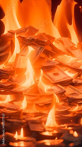 A huge pile of money on fire, with bright orange flames dancing wildly, sending sparks into the night sky