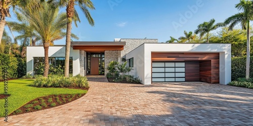 This Miami residence features a striking brick driveway, vibrant landscaping, elegant palm trees for shade, and a stylish garage door, all enhancing its aesthetic appeal and charm photo