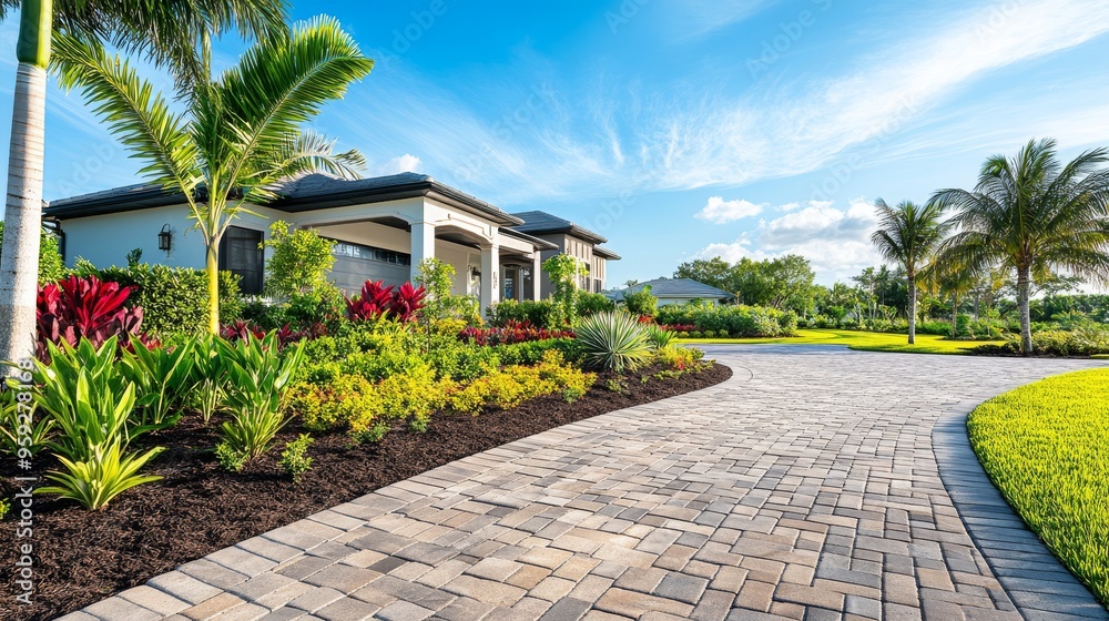 This stunning modern Miami home showcases an elegant brick driveway, beautifully lush landscaping, tall majestic palm trees, and a large garage door that significantly boosts its overall curb appeal This stunning modern Miami home showcases an elegant brick driveway, beautifully lush landscaping, tall majestic palm trees, and a large garage door that significantly boosts its overall curb appeal