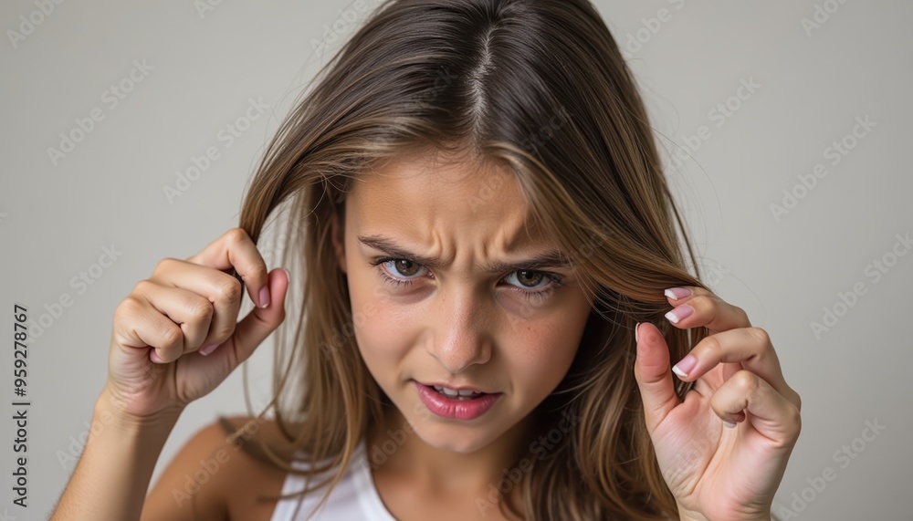 A frustrated young girl pulling her hair, expressing stress or anxiety. Ideal for themes related to mental health, childhood emotions, or educational materials. A frustrated young girl pulling her hair, expressing stress or anxiety. Ideal for themes related to mental health, childhood emotions, or educational materials.