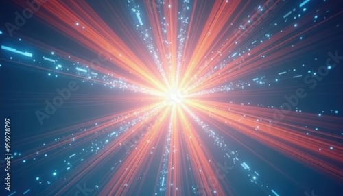 A vibrant display of glowing rays and particles emanating from a central light source, perfect for technology, science, or creative design projects.