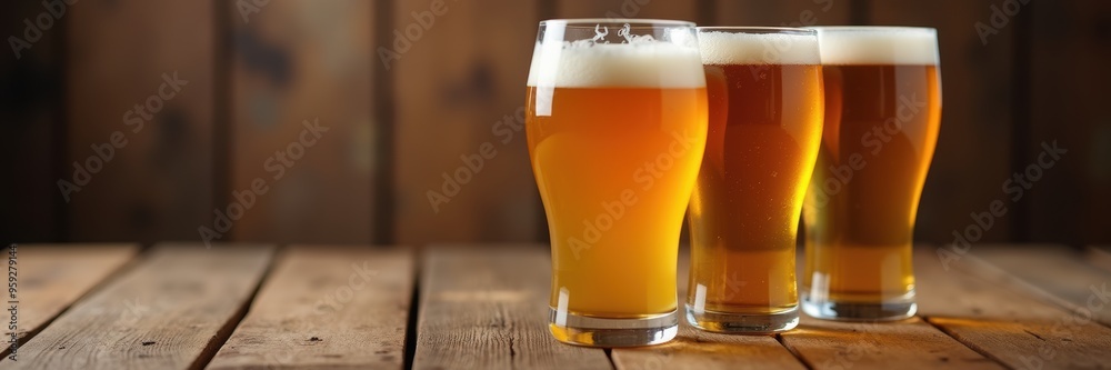 A trio of craft beers in glasses, showcasing a rich variety of colors and textures, perfect for brewery promotions, pub menus, or beverage advertisements. A trio of craft beers in glasses, showcasing a rich variety of colors and textures, perfect for brewery promotions, pub menus, or beverage advertisements.