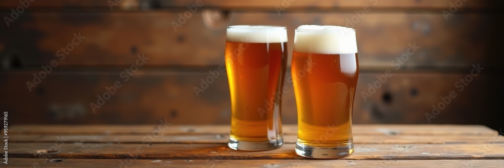 Two frosty glasses of golden beer on a rustic wooden table, perfect for crafting inviting brewery or pub marketing materials. Two frosty glasses of golden beer on a rustic wooden table, perfect for crafting inviting brewery or pub marketing materials.