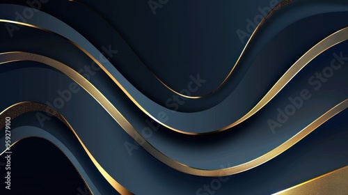 Luxury abstract curved gold shape on dark blue background. AI generated image