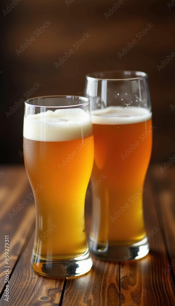 Two glasses of refreshing craft beer with a frothy head, set against a wooden background, perfect for promoting breweries, pubs, or beverage-related content. Two glasses of refreshing craft beer with a frothy head, set against a wooden background, perfect for promoting breweries, pubs, or beverage-related content.