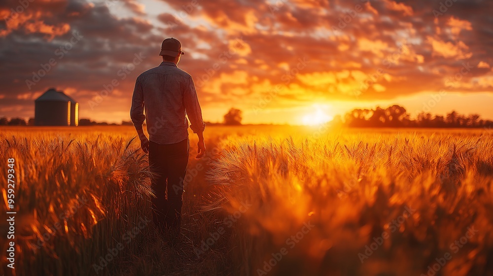 Farmer Walking Golden Wheat Field Sunset Farmer Walking Golden Wheat Field Sunset