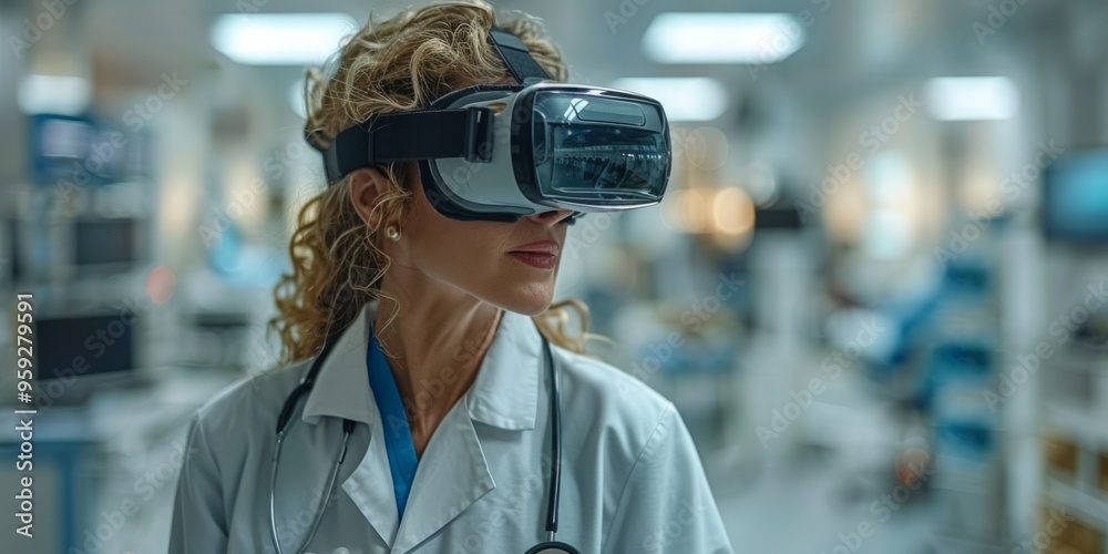 Female doctor using virtual reality headset in a modern hospital, representing advanced medical technology and training Female doctor using virtual reality headset in a modern hospital, representing advanced medical technology and training