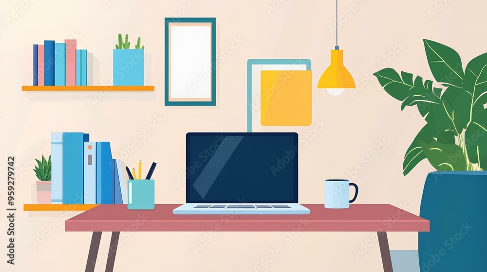 illustration of office workspace interior with laptop illustration of office workspace interior with laptop