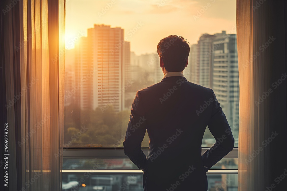 businessman looking out the window with a view of the building portrait from behind businessman looking out the window with a view of the building portrait from behind