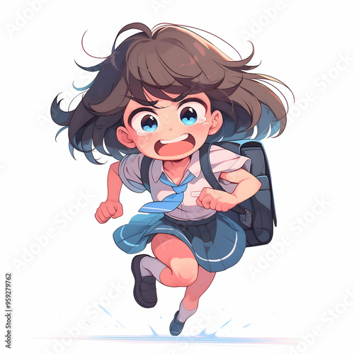 A cute anime girl with brown hair, wearing a blue and white school uniform, running with a determined expression. photo