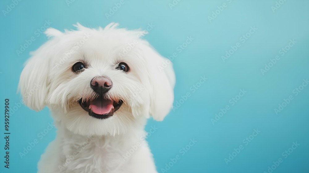 cute white dog on blue background with empty space cute white dog on blue background with empty space