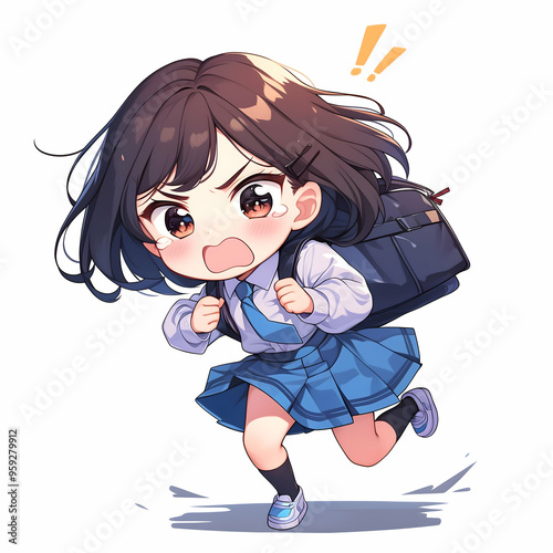 A surprised anime schoolgirl running with a backpack on her shoulder.