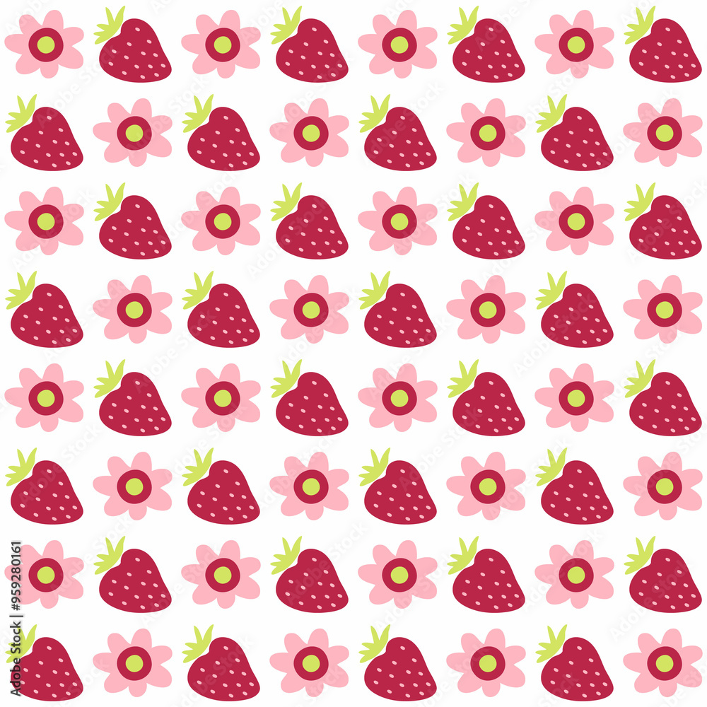Summer pattern with daisy flowers and strawberries. Retro print for pillow, blanket, textile and fabric. Hand drawn floral background. Summer pattern with daisy flowers and strawberries. Retro print for pillow, blanket, textile and fabric. Hand drawn floral background.