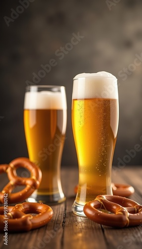 Refreshing beer served in glasses alongside delicious pretzels, perfect for a casual gathering or food and beverage promotions.