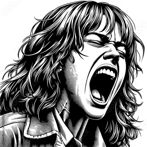 Distressed person screaming with hands on head in black and white drawing. Vector, generative ai.