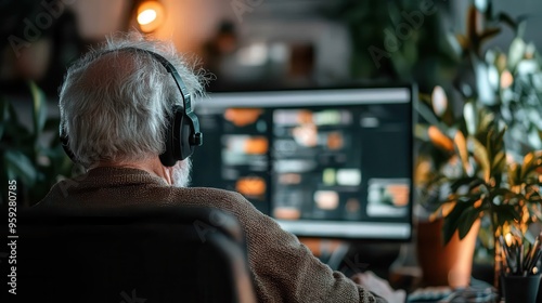 An older individual is immersed in work on a computer while wearing headphones, surrounded by a cozy interior with plant decoration, indicating focus and productivity. photo