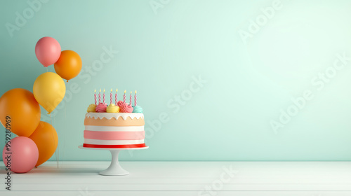 A colorful birthday cake with candles and vibrant balloons, set against a soft pastel background, perfect for celebration themes. photo