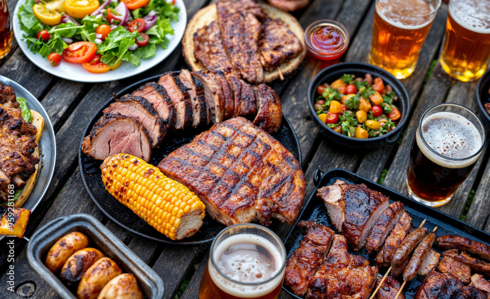 Grilled meat, fresh vegetables, and cold beer served on a rustic table during a summer barbecue gathering Grilled meat, fresh vegetables, and cold beer served on a rustic table during a summer barbecue gathering