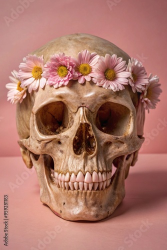 Decorative skulls with vibrant colors and floral accents