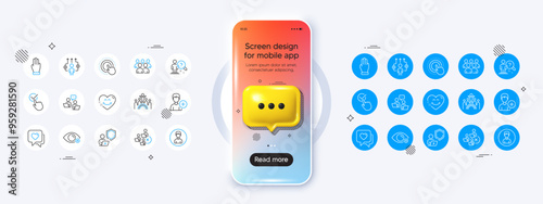 Phone mockup with 3d chat icon. Person, Teamwork and Remove team line icons. Pack of Smile face, Shield, Inclusion icon. Click hand, Group, Search employee pictogram. Vector