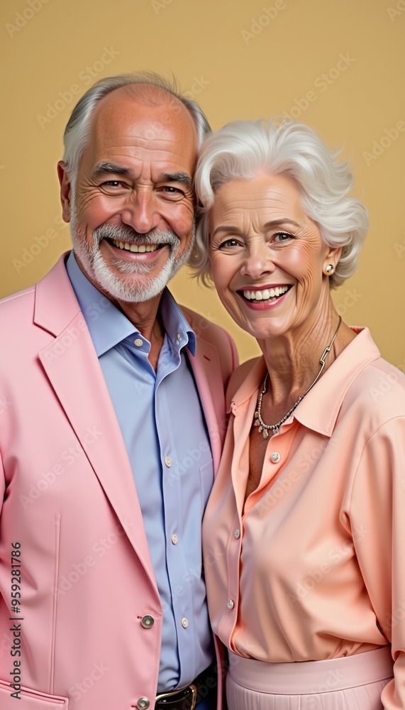 Happy senior couple smiling together against a warm background, embodying love, joy, and companionship. Happy senior couple smiling together against a warm background, embodying love, joy, and companionship.