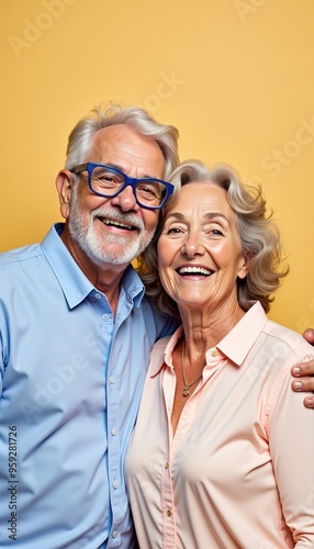 Cheerful senior couple smiling together against a vibrant yellow background, embodying joy and companionship in later life.