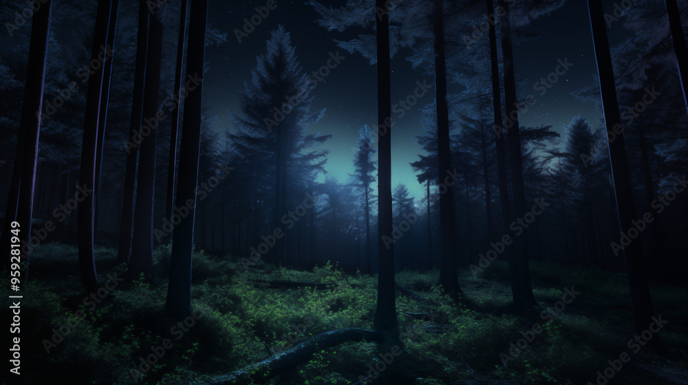 Naklejka premium Mysterious Dark Forest with Bright Moonlit Night