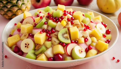 Celebrate the beauty of simplicity with a captivating image of a classic fruit chaat, featuring ripe bananas, crisp apples, tangy pineapples, and juicy pomegranate seeds, delicately flavored.generativ photo