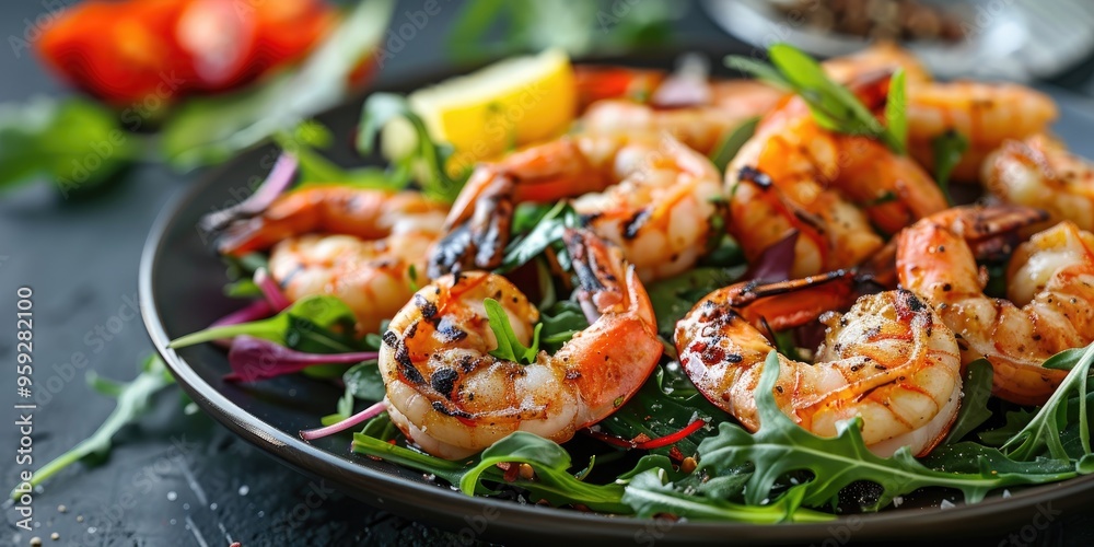 Plate of Grilled Shrimp with Fresh Salad Plate of Grilled Shrimp with Fresh Salad
