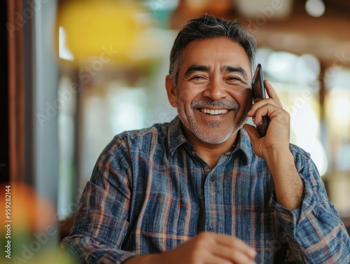 Happy Man Using Cell Phone at Restaurant