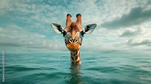 A giraffe is standing in the water with its head sticking out, AI photo