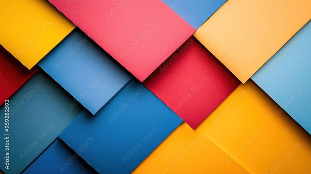 A vibrant collage of folded paper art in shades of red, blue, yellow, and green. A vibrant collage of folded paper art in shades of red, blue, yellow, and green.