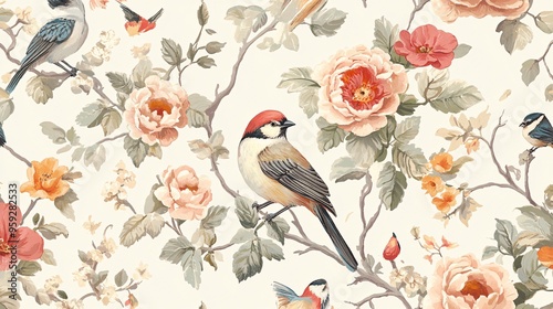 Seamless floral wallpaper with detailed illustrations of garden flowers and birds in a classic vintage style