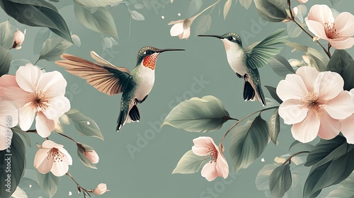 Seamless wallpaper design featuring blooming flowers and hummingbirds with a soft and elegant color scheme