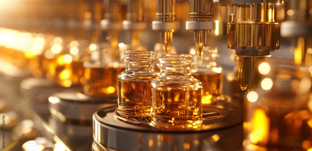 Bottles on a production line, filled with golden liquid. Bottles on a production line, filled with golden liquid.