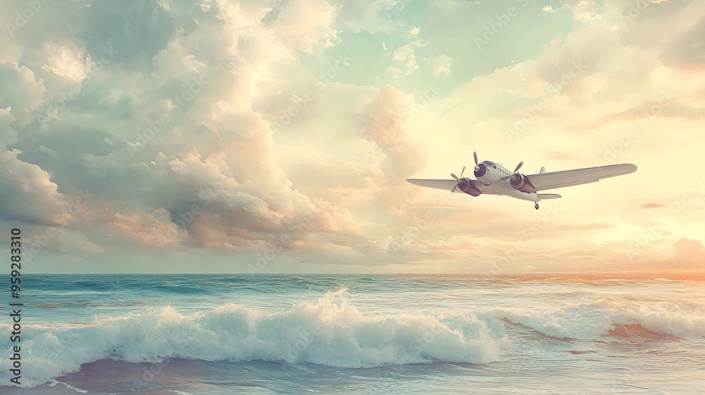 A classic propeller plane in flight over a peaceful watercolor ocean, soft waves meeting a distant shore under a pale, dreamy sky A classic propeller plane in flight over a peaceful watercolor ocean, soft waves meeting a distant shore under a pale, dreamy sky