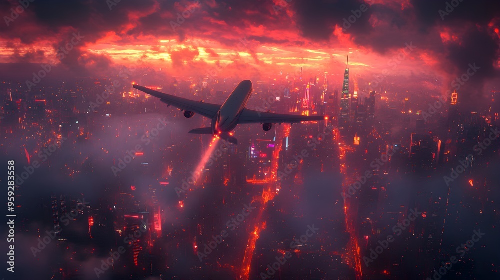Airplane cutting through a midnight sky, casting shadows over a sprawling city beneath, where neon lights pulse with life and energy Airplane cutting through a midnight sky, casting shadows over a sprawling city beneath, where neon lights pulse with life and energy