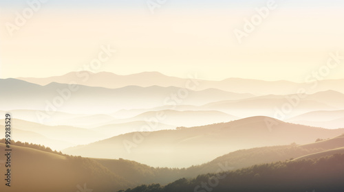 Serene Mountain Range at Sunrise Layers of Hazy Peaks and Soft Light